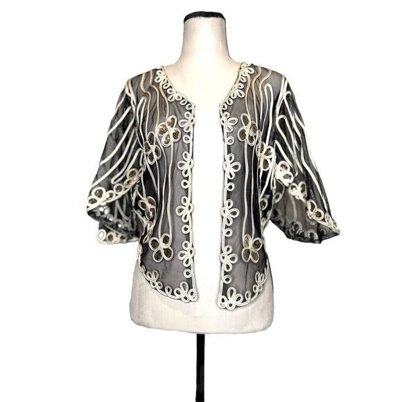 Simply Couture Cardigan Black Mesh Gold Sequined Flutter Sleeves‎ Open Front S - Picture 1 of 11